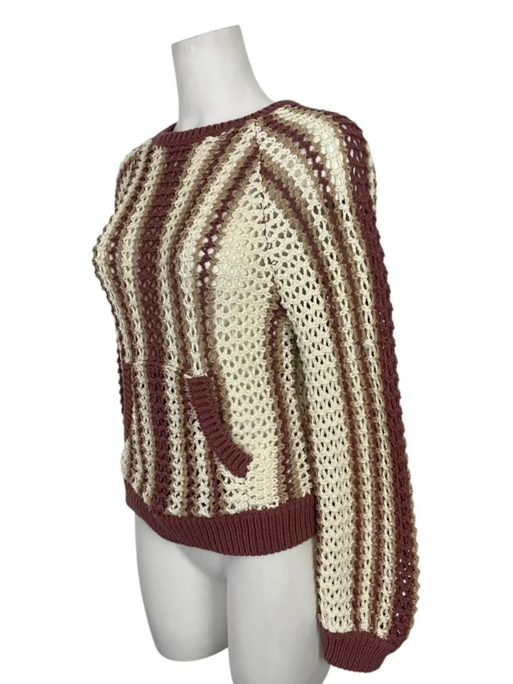Free People FP Beach Dayton Striped Pullover Sweater S Brown Crochet